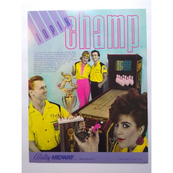 10 Pin Champ Arcade Flyer Original 1984 Shuffle Game Art 8.5" x 11" Vintage - Picture 3 of 3